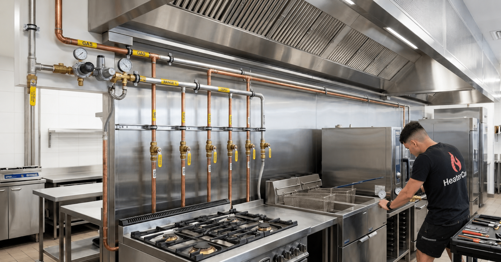 HeaterCare technician inspecting gas equipment in a commercial kitchen