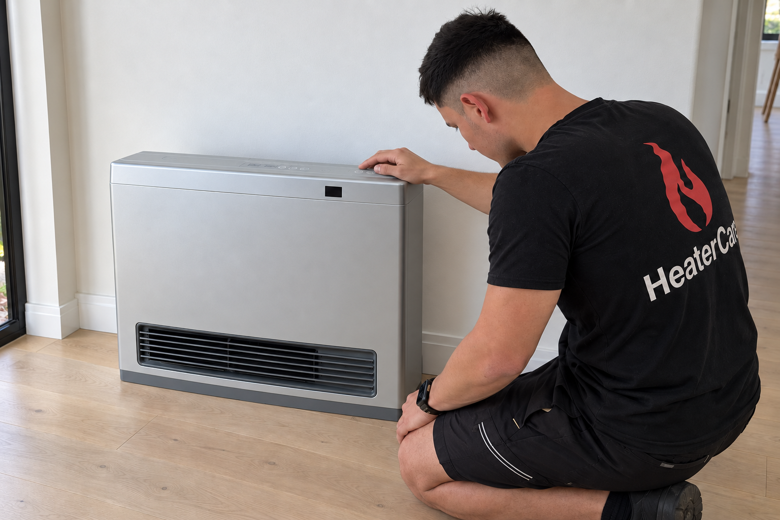 HeaterCare technician inspecting a portable gas heater