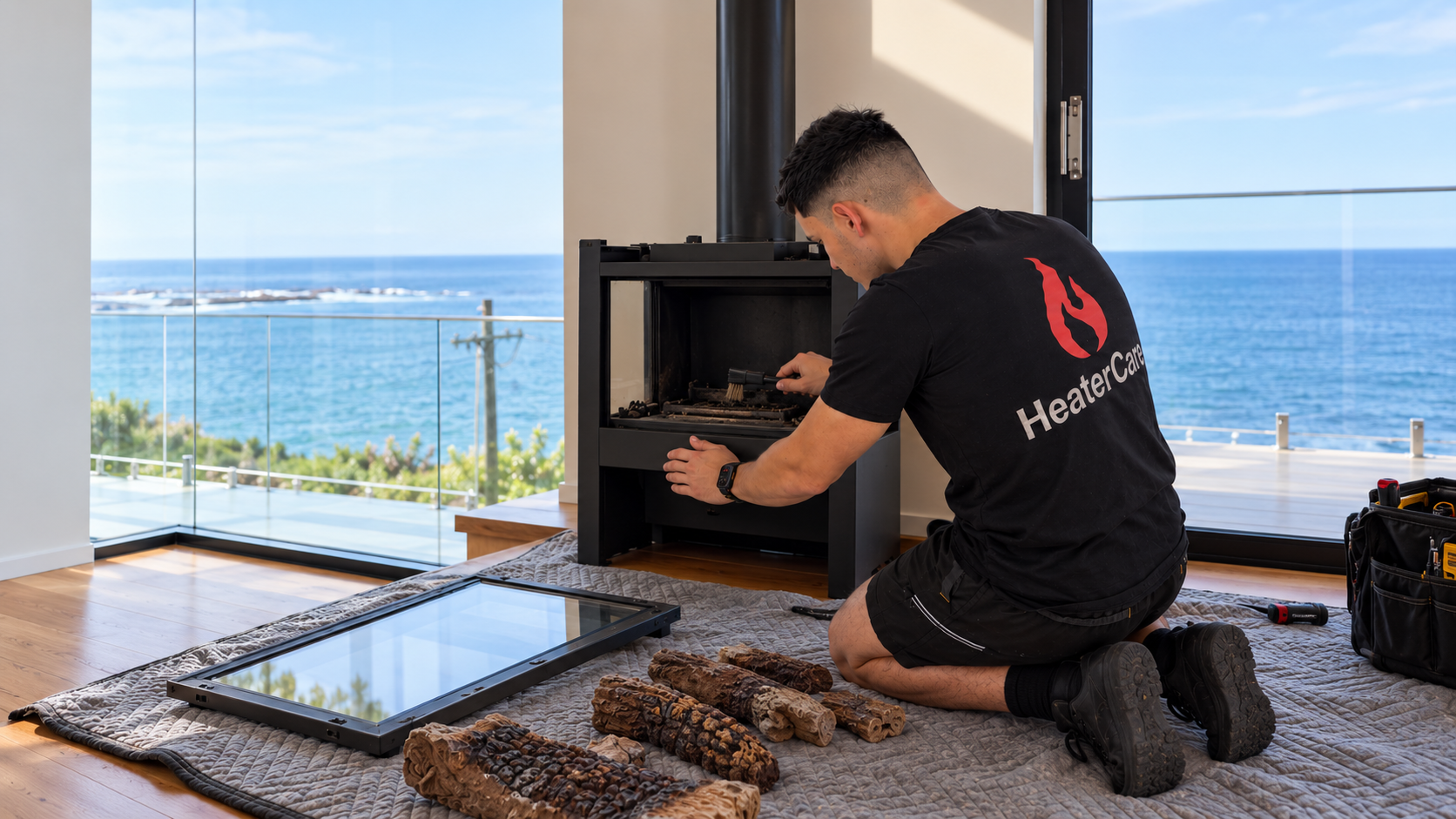 HeaterCare technician working on an inbuilt gas fireplace