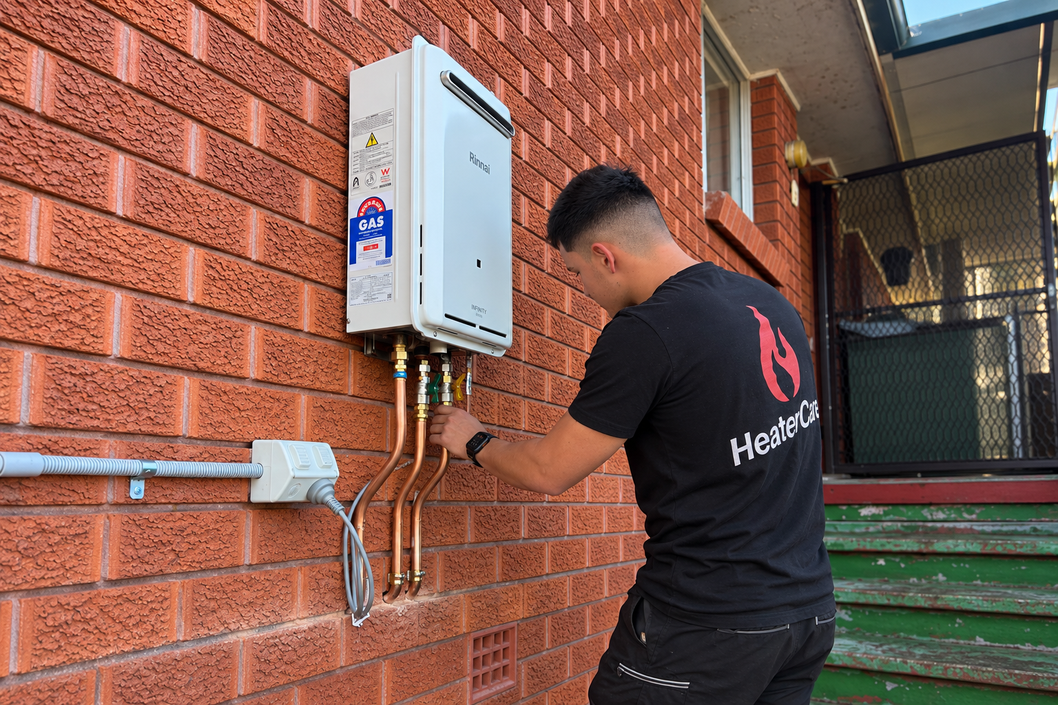 HeaterCare technician inspecting a wall-mounted Rinnai hot water system