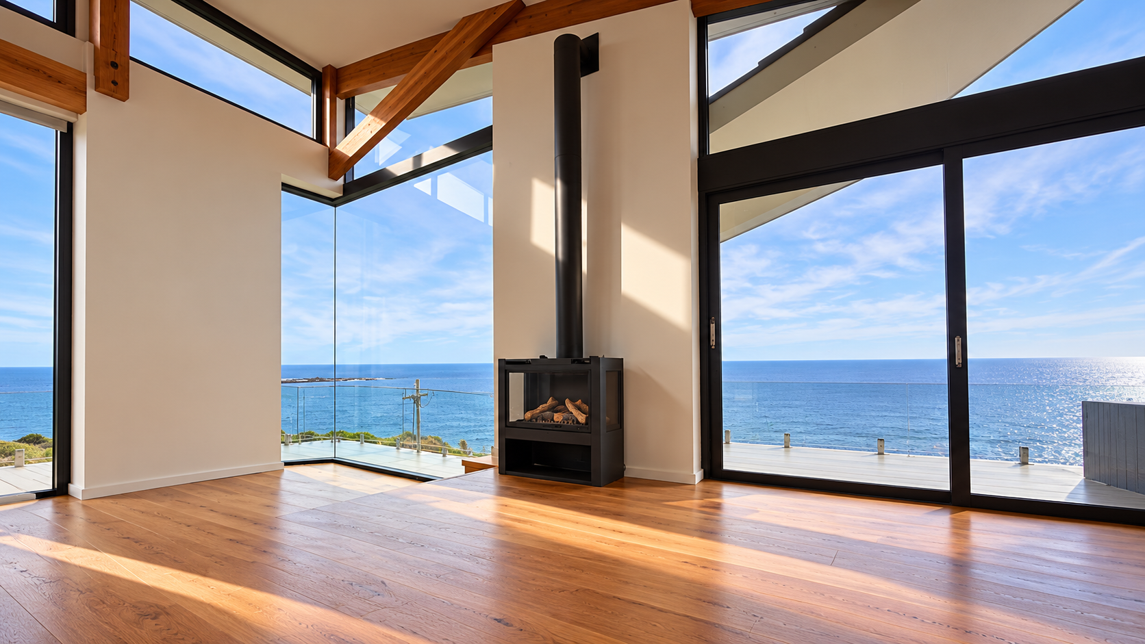Gas fireplace overlooking the ocean in a coastal home